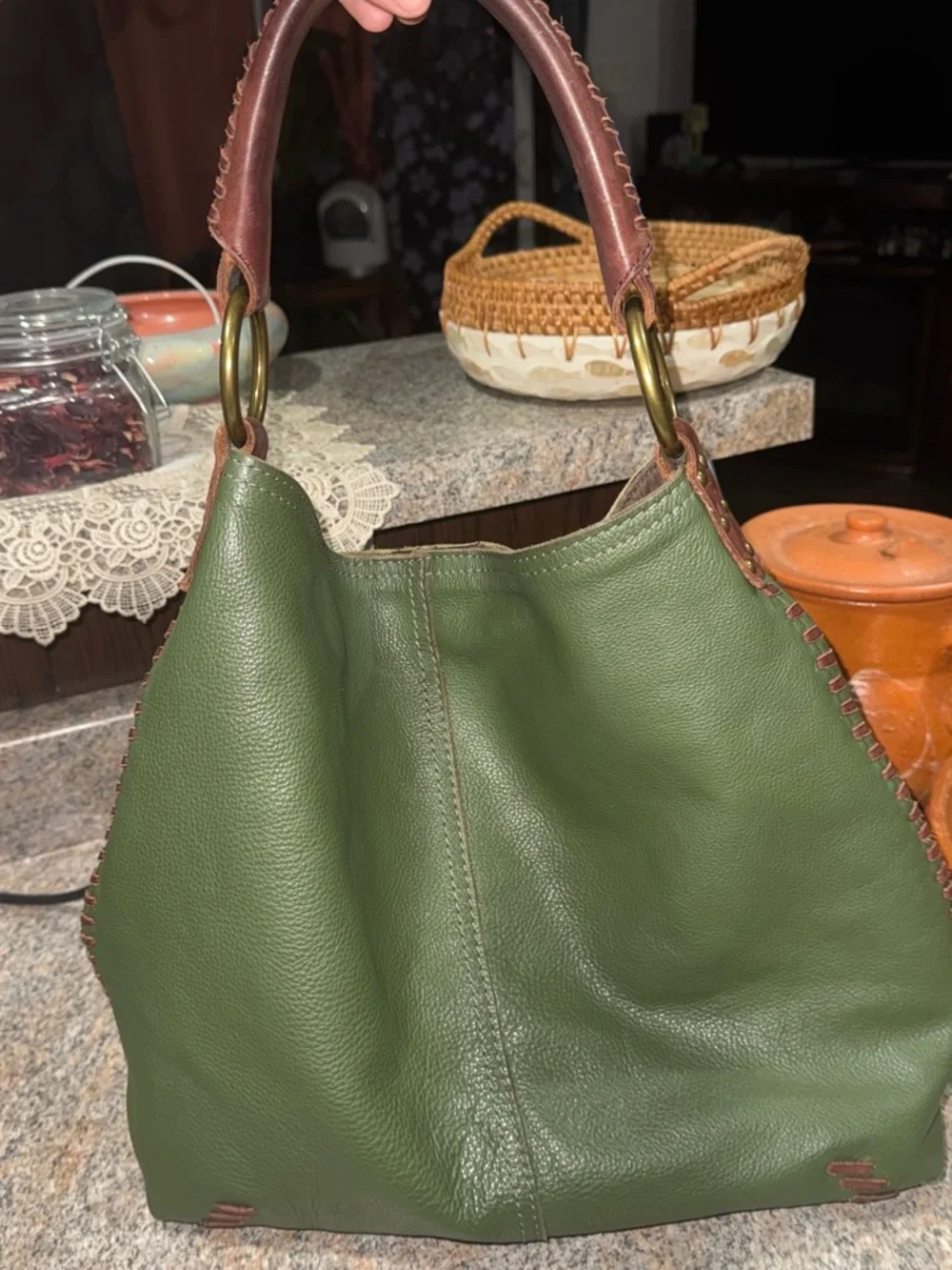 Vintage lucky Green Leather Hobo Bag with Brown Trim